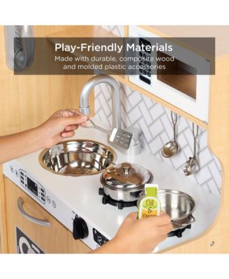 Pretend Play Kitchen Wooden Toy Set for Kids w/ Telephone, Utensils, Oven, Microwave