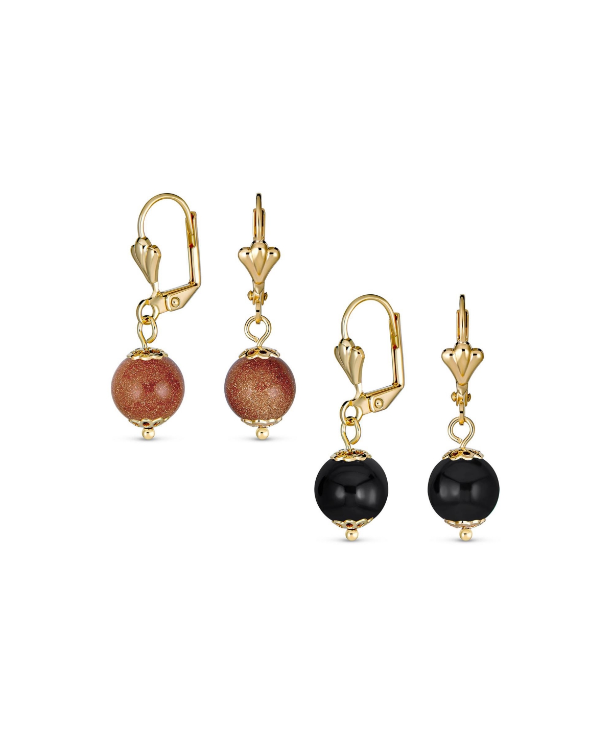 Set of 2 Round Natural Brown Goldstone Black Onyx Drop Ball Earrings Gold Plated - Black brown