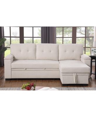 84.5"W Beige Woven Fabric Reversible Sleeper Sectional Sofa with Storage Chaise