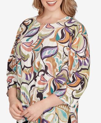 Plus Size Classic Abstract Scroll Split Neck Top