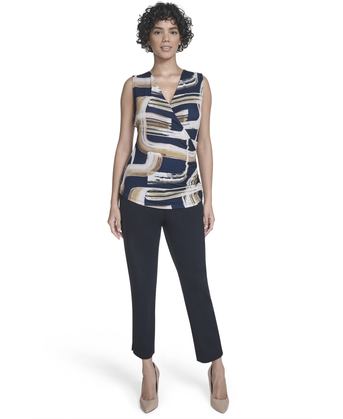 Calvin Klein Women's Printed Surplice-neck Ruched Blouse In Blue