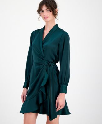 Women's Satin Ruffle-Hem Wrap Dress