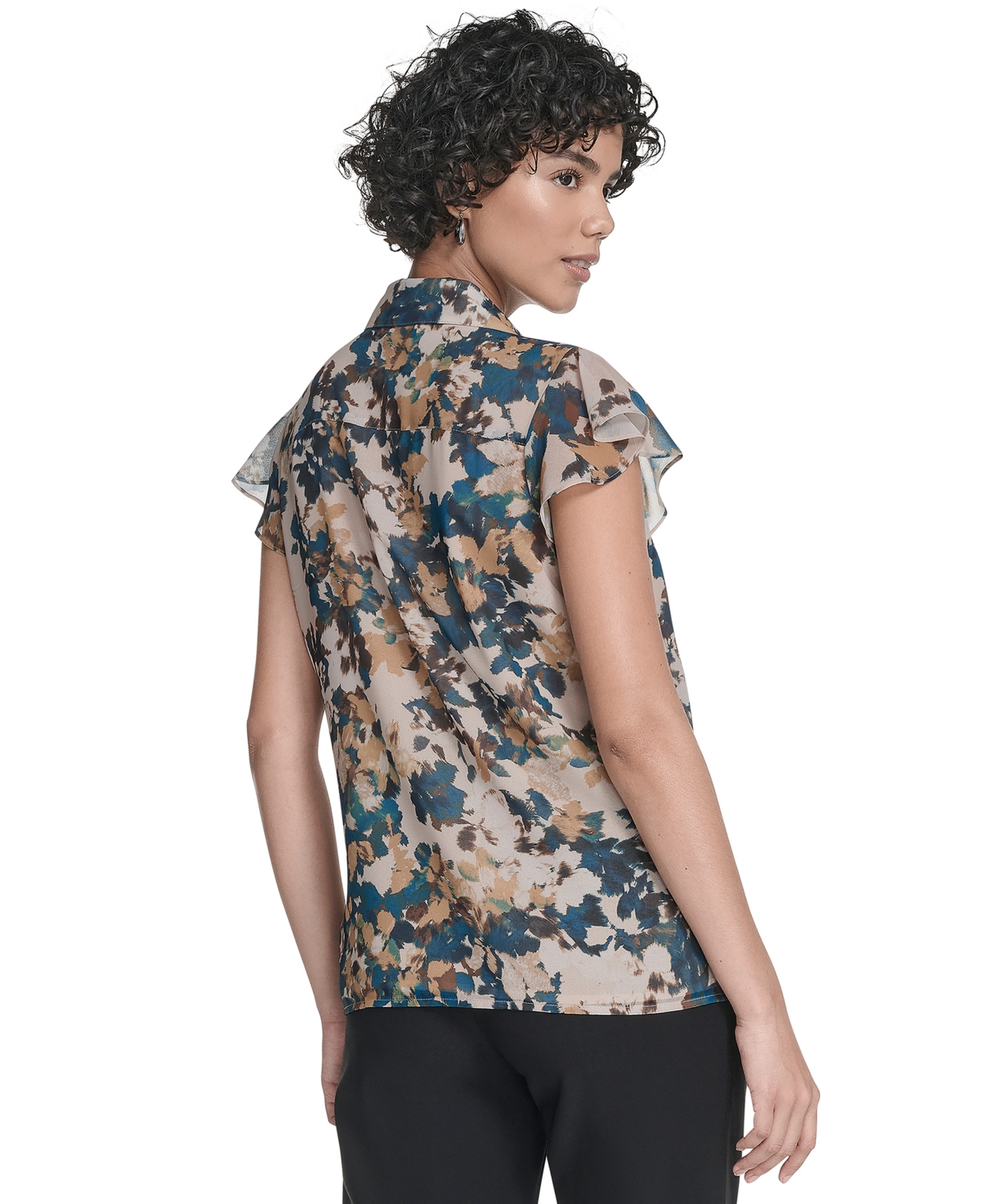 Calvin Klein Women's Printed Flutter-sleeve Ruffle Blouse In Multi