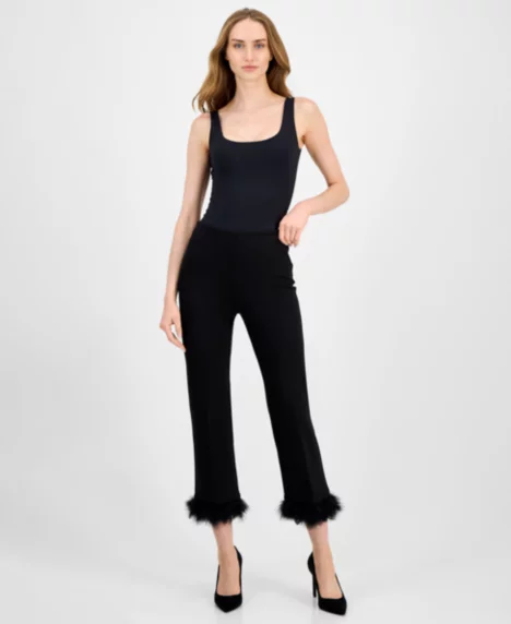 Petite Feather-Trim Kick-Flare Pants - Anne Black