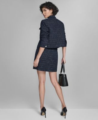 Calvin Klein Womens Boucle Cropped Long Sleeve Jacket Tweed Skirt Ribbed Short Sleeve Sweater In Blue