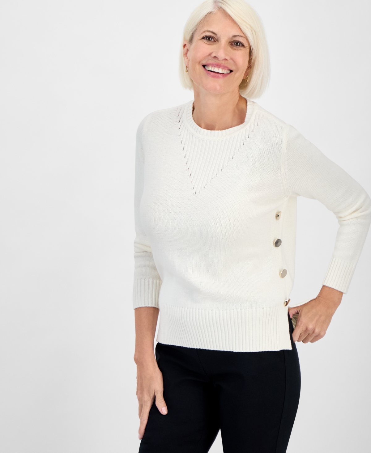 Jones New York Petite Long-sleeve Side-button Crewneck Sweater In White