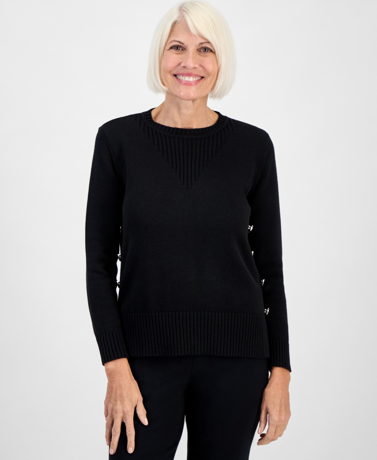 Jones New York Petite Long-sleeve Side-button Crewneck Sweater In Black