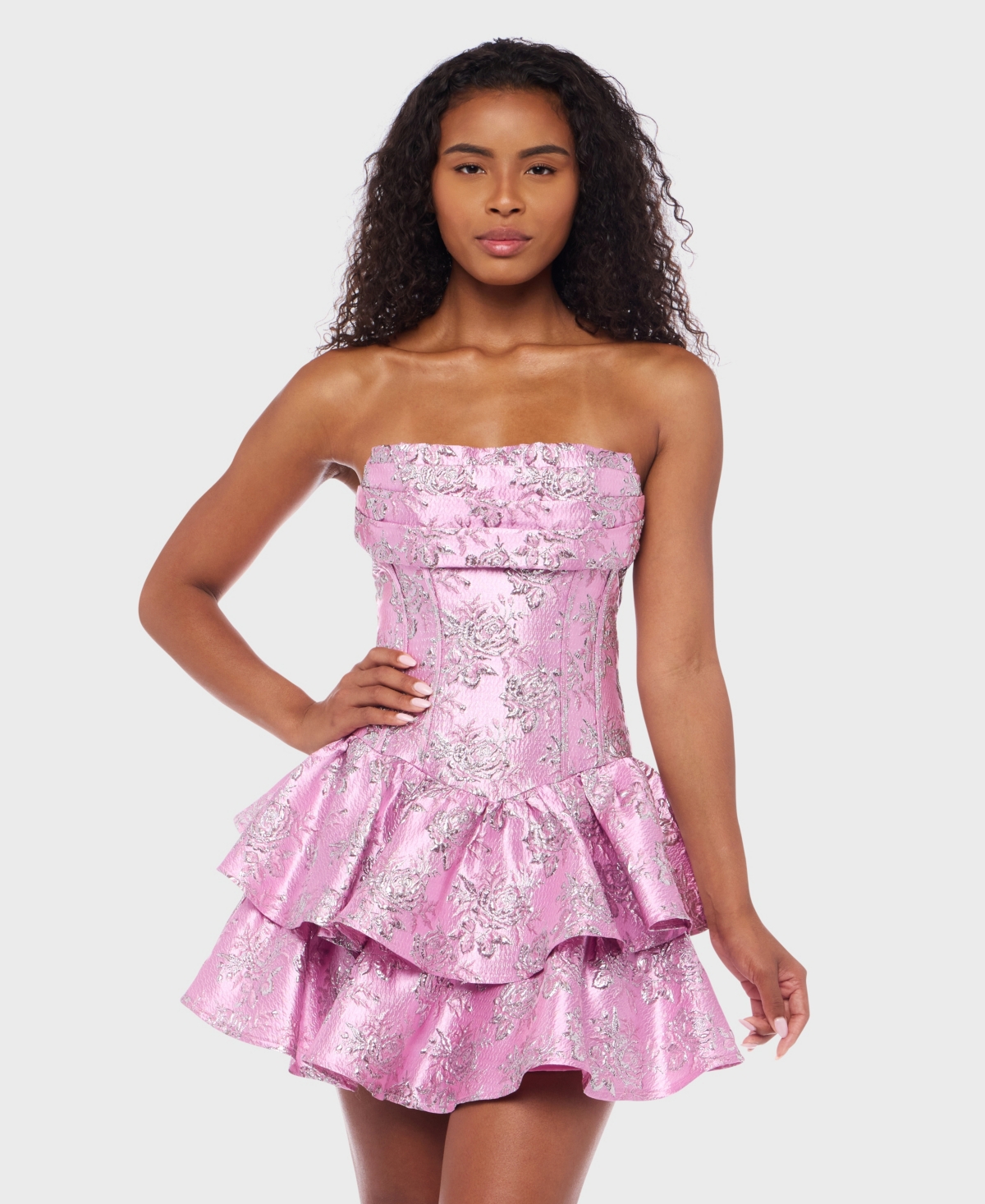 Juniors' Metallic Jacquard Short Fit & Flare Dress - Vintage Pink/Silver