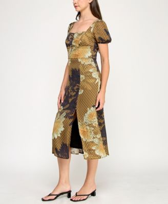 Juniors' Printed Square-Neck Midi Dress