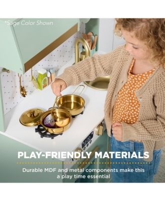 Wooden Cottage Kids Pretend Play Kitchen with 5 Accessories and Toy Storage