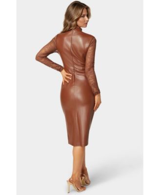 Women's Faux Leather Lace Illusion Midi Dress