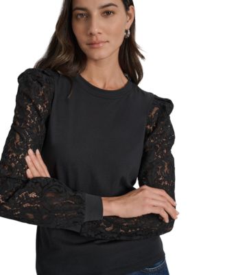 Women's Lace Puff-Sleeve Crewneck Top