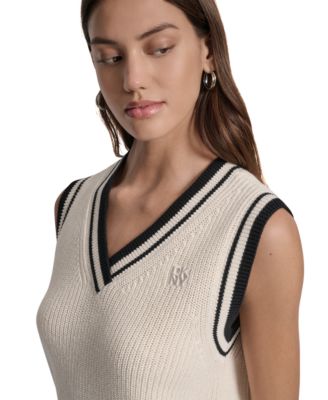 Women's Contrast Trim Cotton V-Neck Sleeveless Sweater