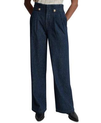 Women's Tab-Waist High Rise Wide Leg Cotton Denim Pants