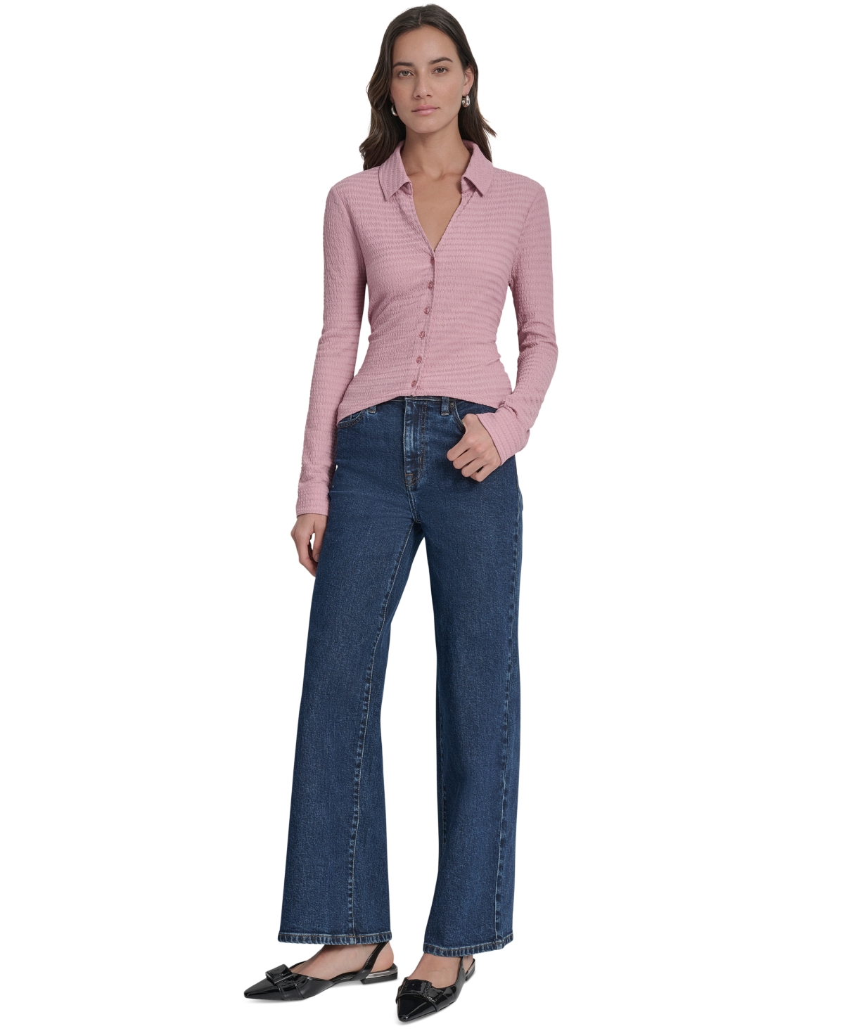 Dkny Jeans Women's Textured Collared Button-front Blouse In Pink