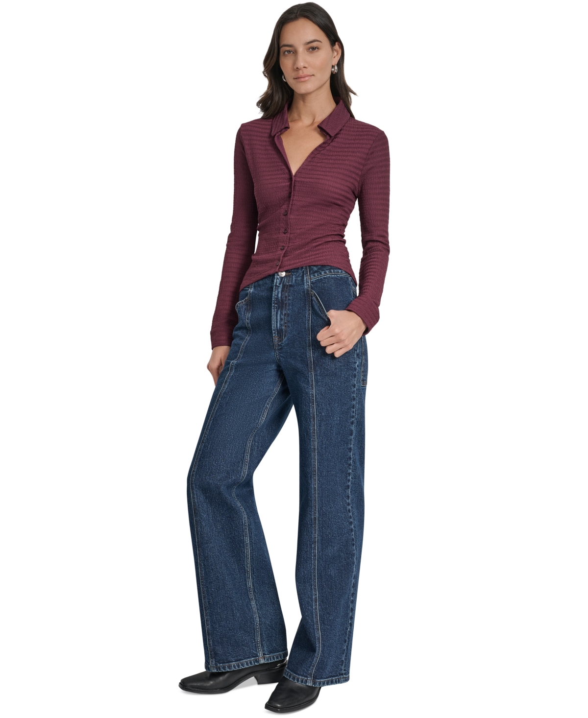 Dkny Jeans Women's Textured Collared Button-front Blouse In Burgundy