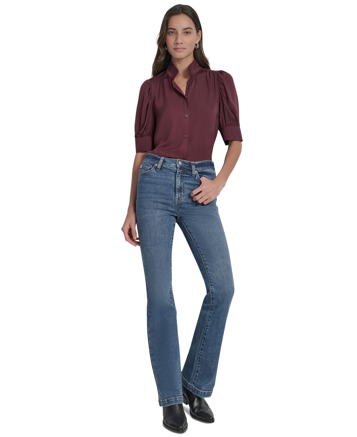 Dkny Jeans Puff Short Sleeve Button-up Shirt In Burgundy