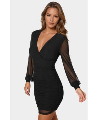 Women's Long Sleeve Faux Wrap Ruched Mini Dress