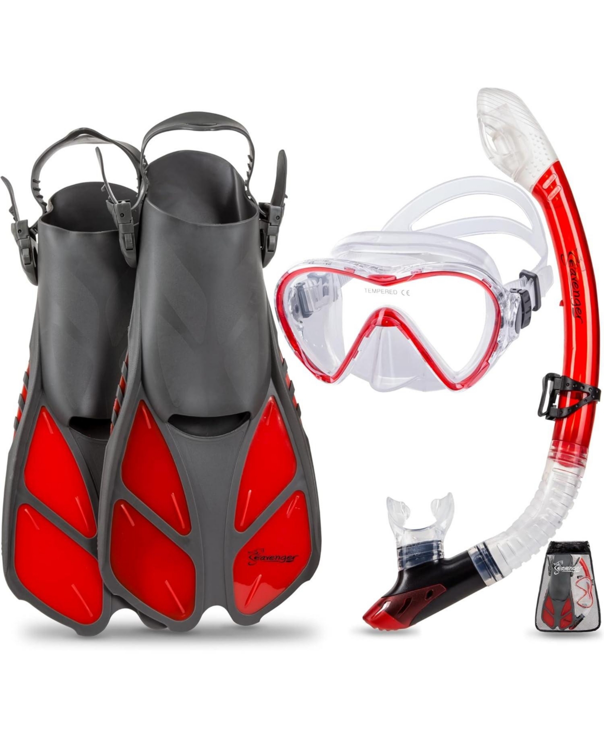 Aviator Snorkeling Set: Single Window Mask, Snorkel, Fins & Bag - Dodger Blue L/Xl - Black silicone/orange