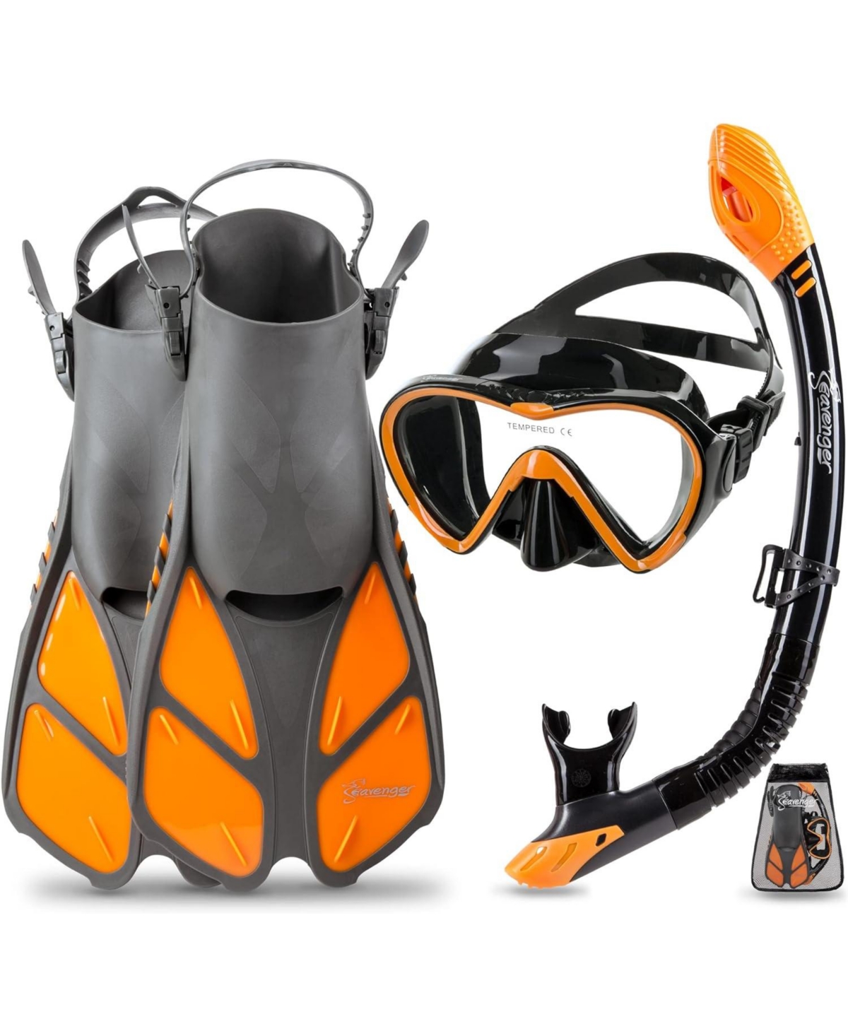 Aviator Snorkeling Set: Single Window Mask, Snorkel, Fins & Bag - Dodger Blue L/Xl - Black silicone/orange