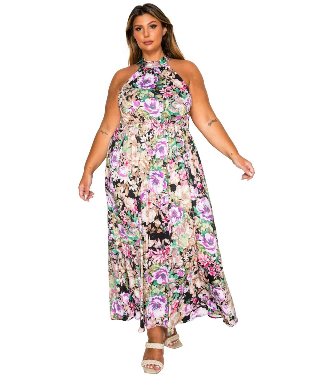 Women's Plus Size Bryony Floral Halter Neck Dress - Black Floral