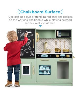 Pretend Play Kitchen Wooden Toy Set for Kids w/ Telephone, Utensils, Oven, Microwave