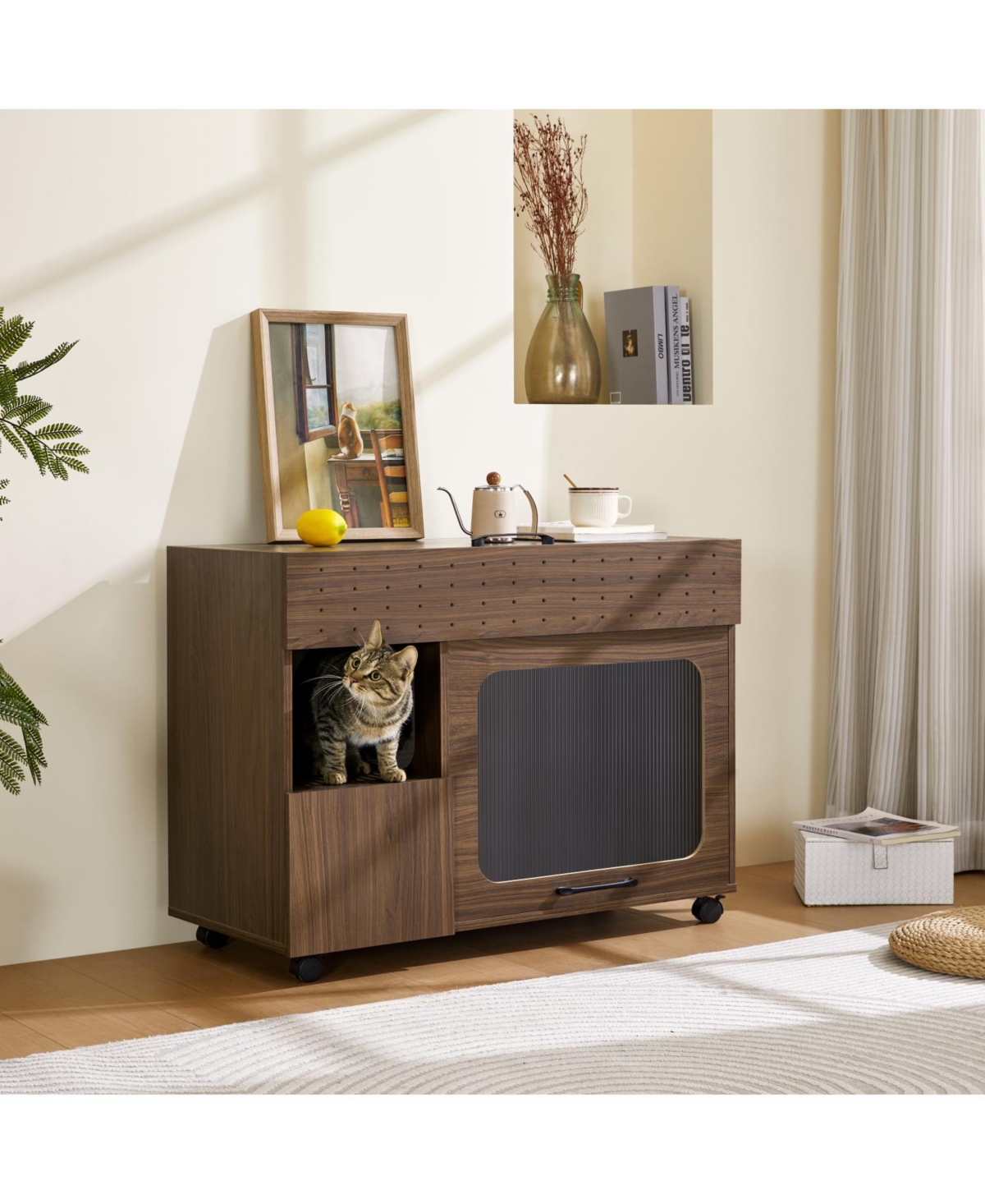 Furniture Style Cat litter box house With Storage - Walnut