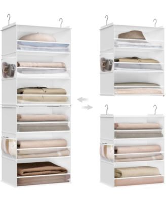 6-Tier Hanging Closet Organizer, Foldable Fabric Shelf with Side Pockets, Bamboo Inserts & Metal Hooks , Cloud White