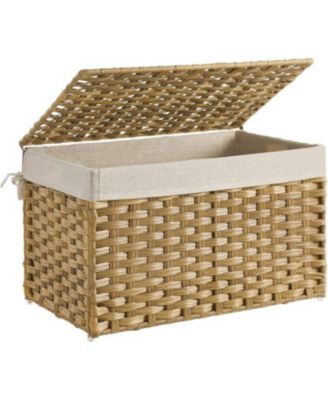 Storage Basket with Lid – 17.2 Gallons (65L) Foldable Woven Bin with Handles, Metal Frame & Removable Liner for Blankets