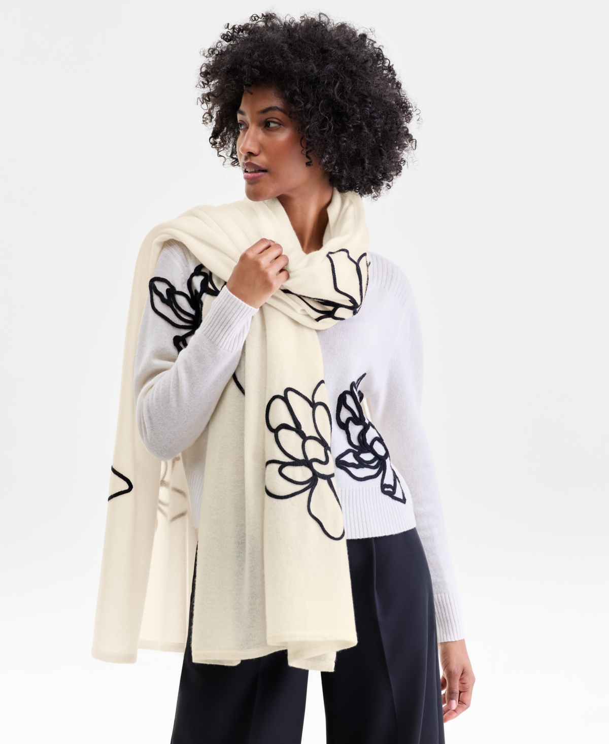 Charter Club Women's 100% Cashmere Embroidered Floral Oversized Scarf, Macy's Exclusive In White