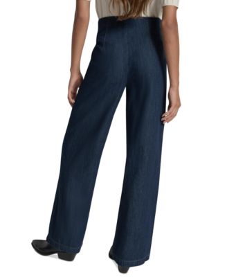 Women's Tab-Waist High Rise Wide Leg Cotton Denim Pants