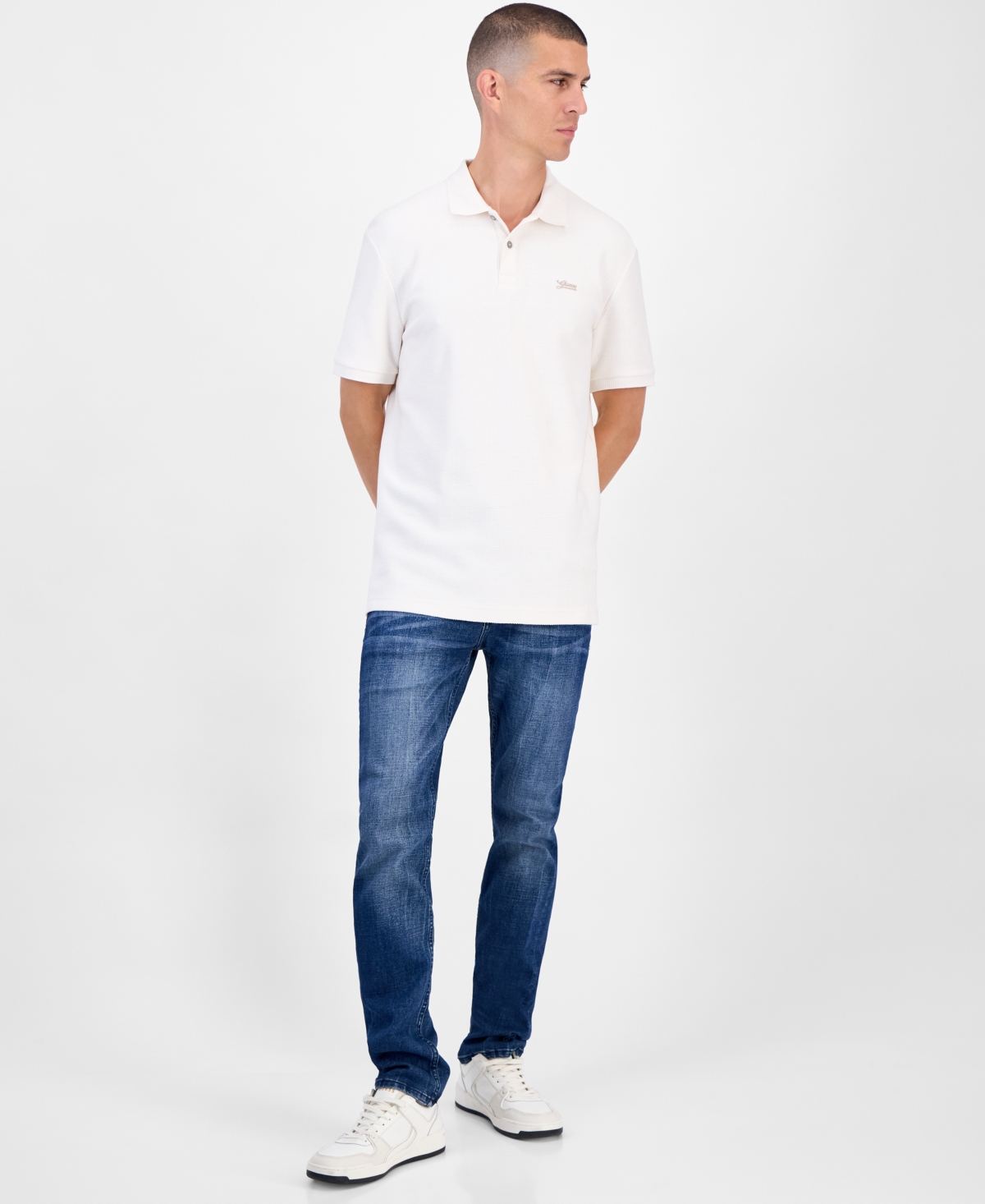 Guess Minimal Logo Short Sleeve Textured Polo Shirt In Red