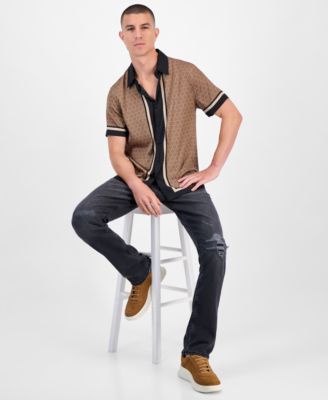 Short Sleeve Geometric Border Charm Button-Front Shirt