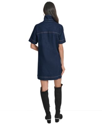 Women's Collared Short-Sleeve Denim Shift Dress