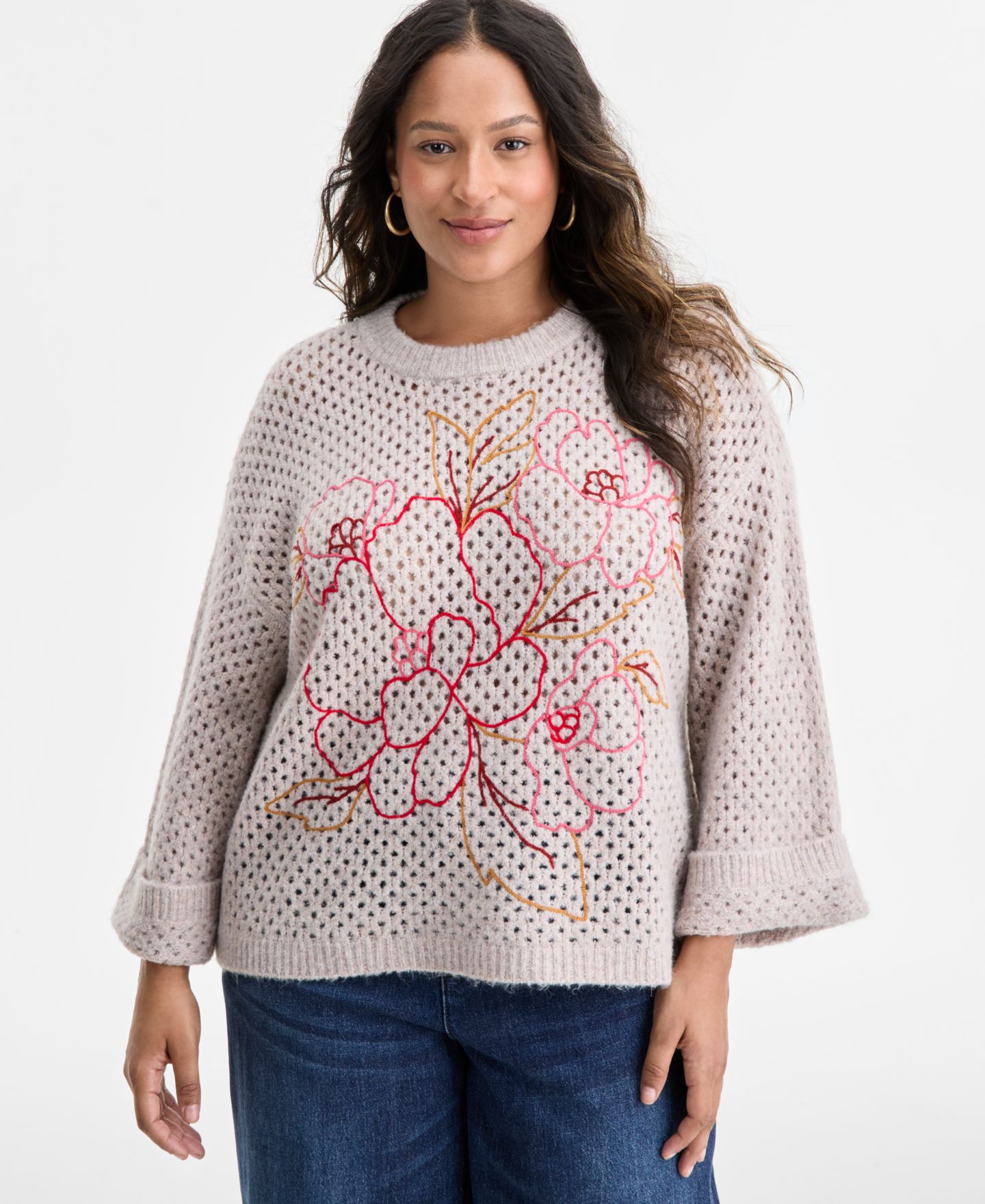 Женский свитер Democracy Floral Embroidered Round Neck, цвет: Меланжевый — фото 1
