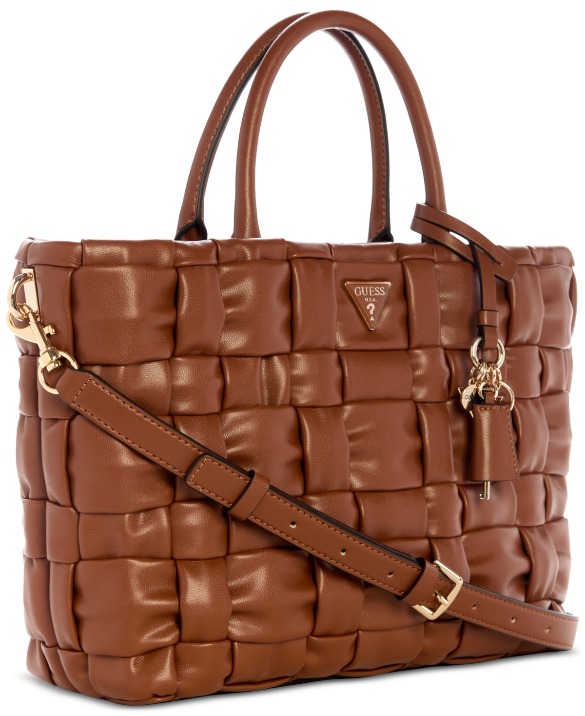 Guess Marion Quilted Large Satchel Bag In Brown