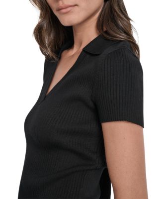 Womens Ribbed V-Neck Polo Sweater