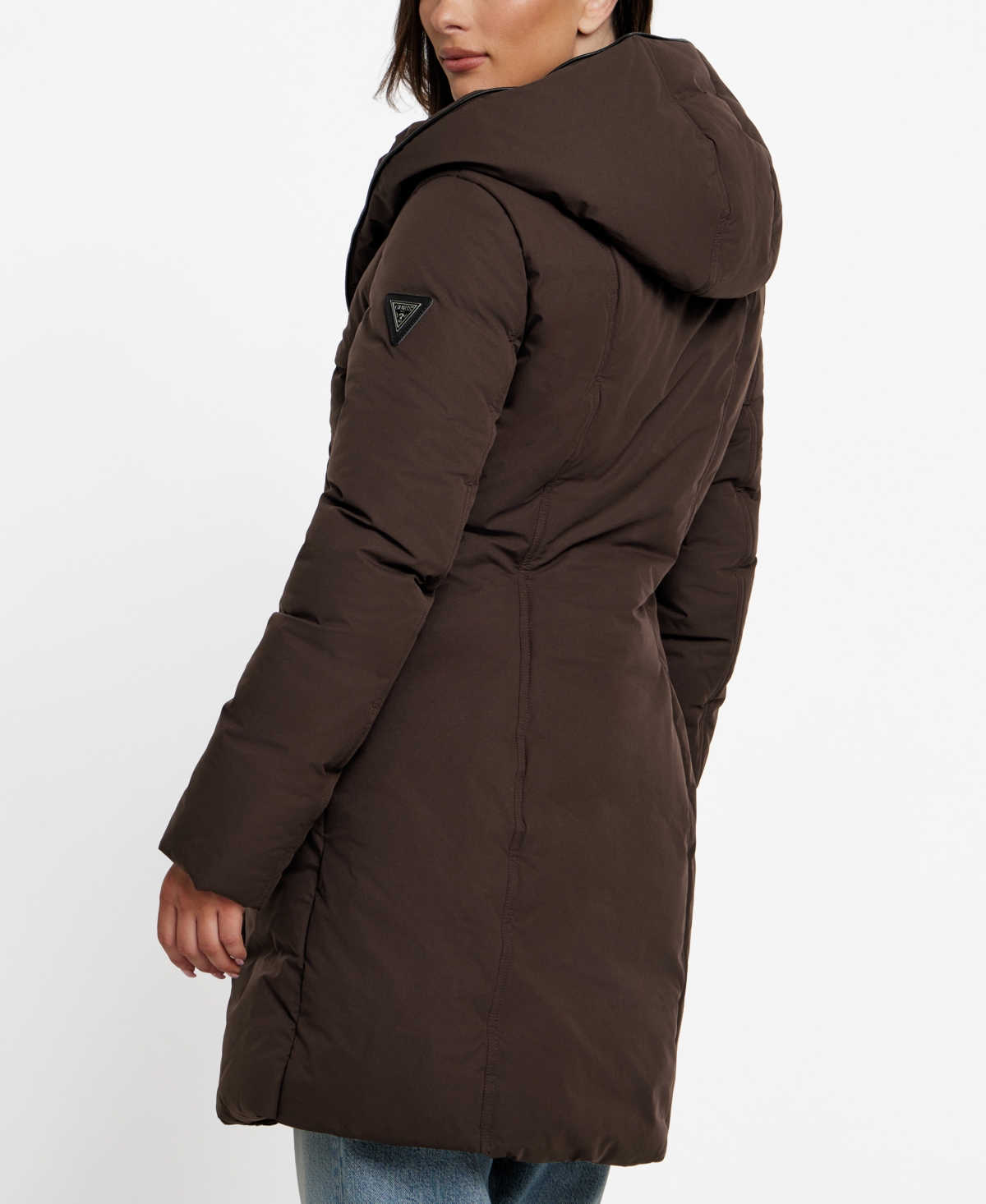 Guess Women's Asymmetric Zip-front Hooded Puffer Coat In Brown
