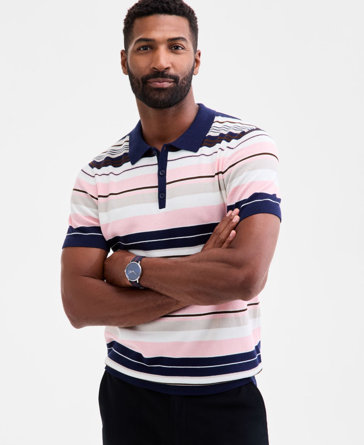 Мужской свитер поло в полоску с коротким рукавом, эксклюзивный от Macy's