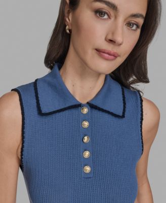 Women's Cotton Tipped Collared Sleeveless Knit Top