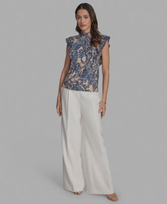 Women's Printed Mock Neck Knit Flutter-Sleeve Top