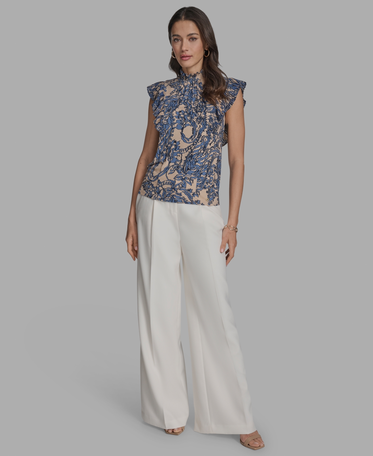 Bcbg Women's Printed Mock Neck Knit Flutter-sleeve Top In Blue