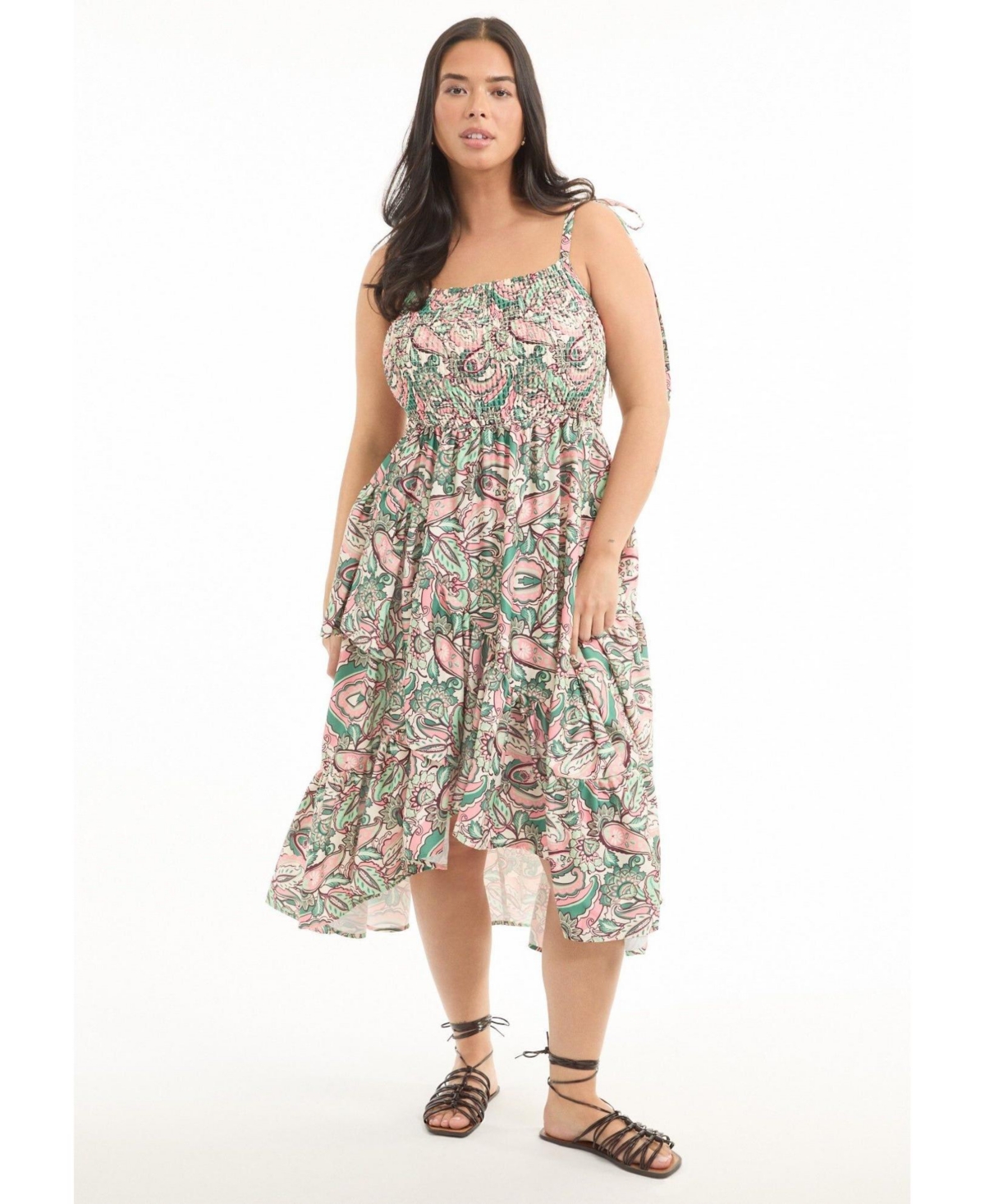 Plus Size June + Vie Tiered Smocked Midi Dress - Paisley pink