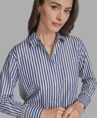 Women's Striped Rhinestone-Cuff Shirt