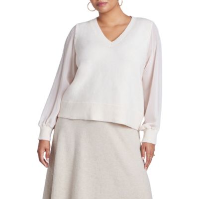 Women's Plus Size Sheer Sleeve V-Neck Sweater