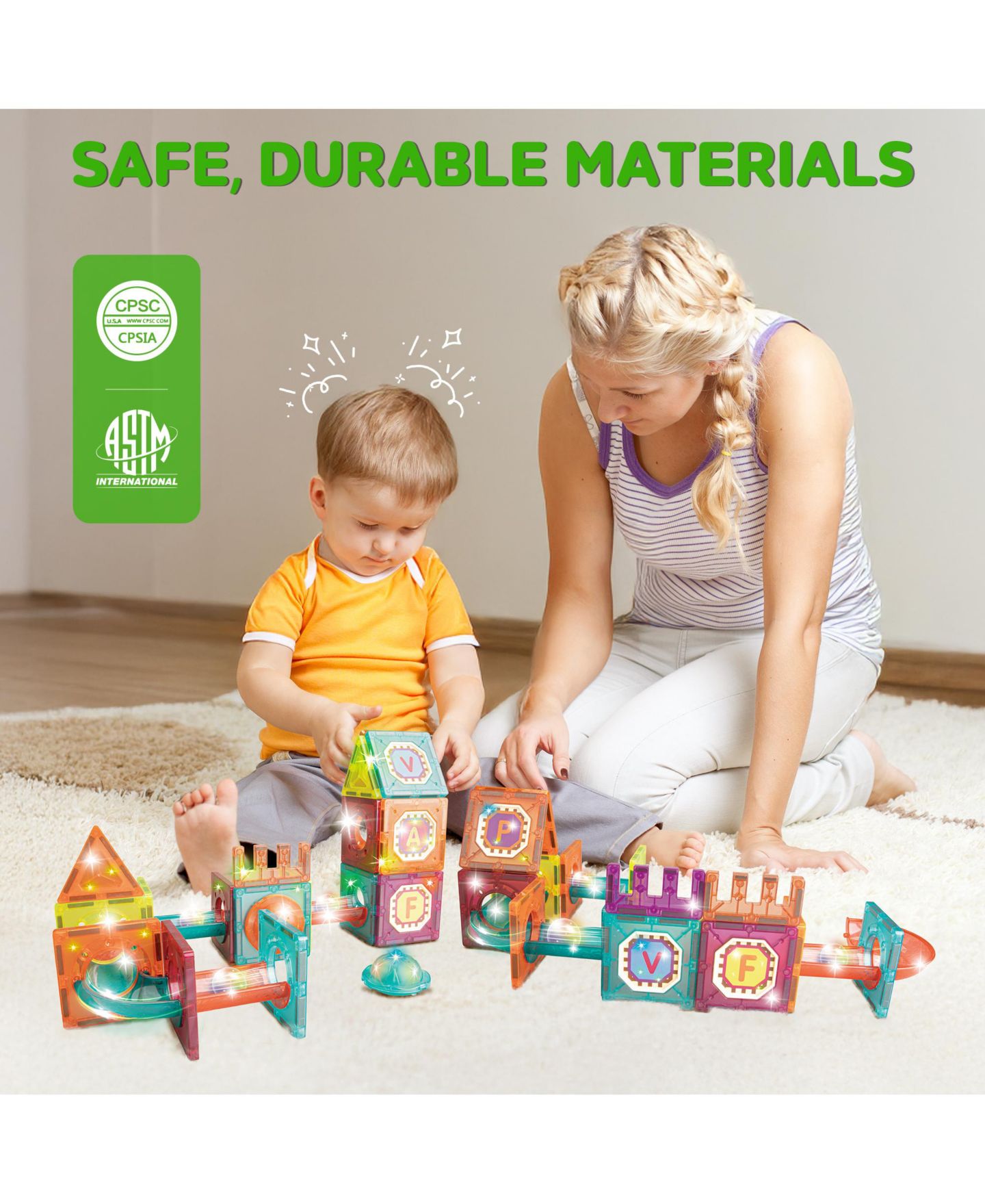 Детские конструкторы Contixo Glow-in-the-Dark Marble Run Magnetic Tile Set ST15, 65-Piece Building Set, Ages 3+ — фото 5