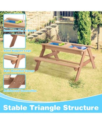 3-in-1 Kids Outdoor Wooden Picnic Table With Umbrella, Convertible Sand & Wate