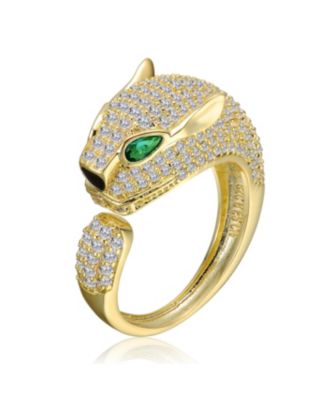 Panther Head with Green & Clear Cubic Zirconia Open Band Ring