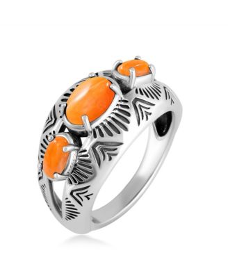 American West Jewelry Sterling Silver Orange Spiny Oyster 3-Stone Oval Band Ring, Size 10