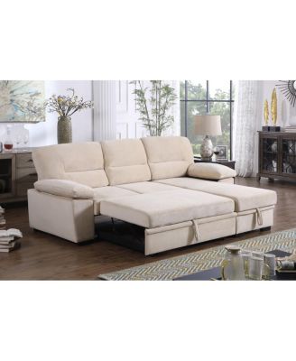 97.5"W Beige Velvet Fabric Reversible Sleeper Sectional Sofa Chaise